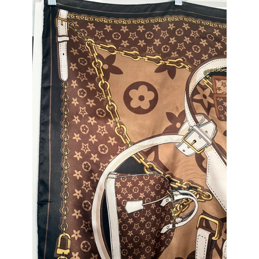 Designer Inspired Monogram Handbag Print Square Scarf Brown Tan Gold Chain